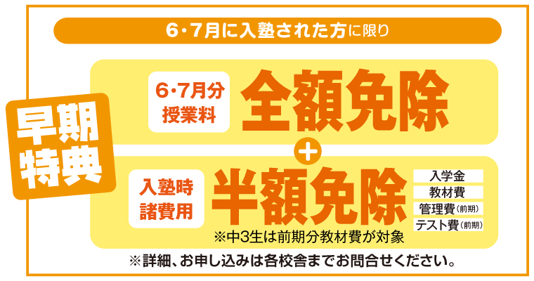 6・7月に入塾された方に限り、「6・7月授業料免除」＋「入塾諸費用半額」